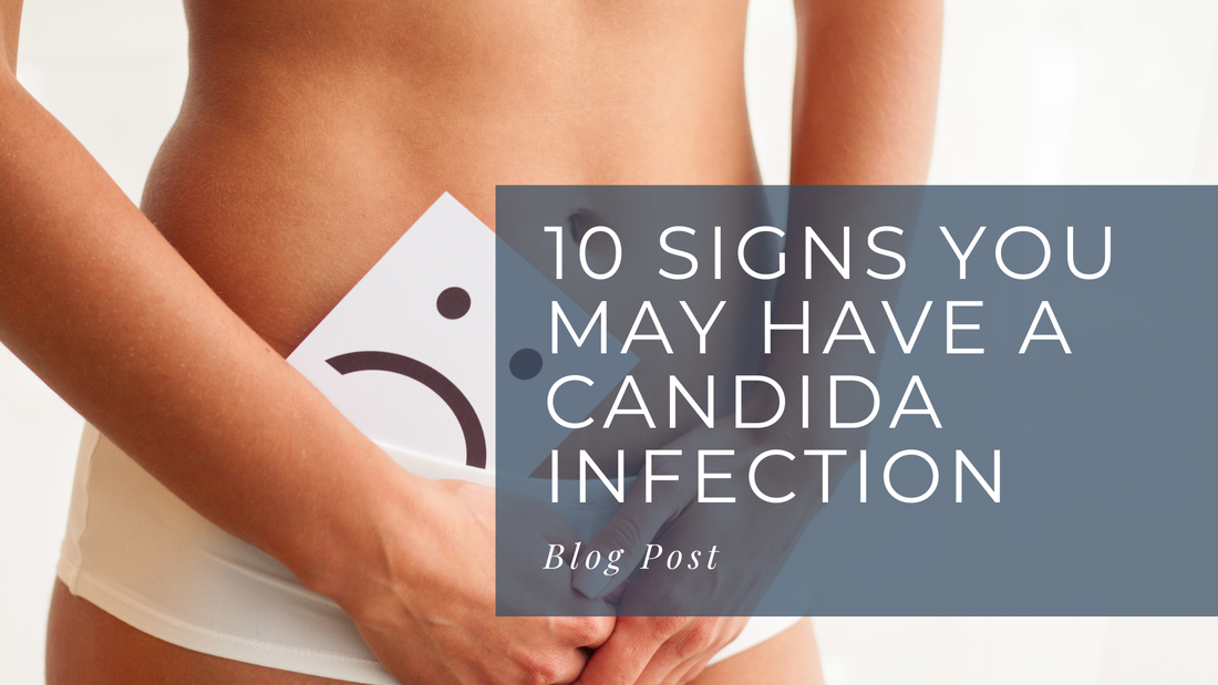 Photo of a woman's torso. Hands over the crotch. Card sticking out of underwear band with a frown emoji on it. Caption reads: 10 Signs you may have a candida infection. Blog post