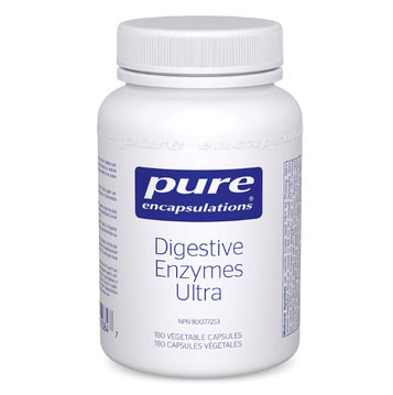 Photo of a bottle of Digestive Enzyme Ultra by Pure Encapsulations. The bottle is white and blue. 