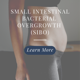 Photo of a woman with bloated belly. Caption reads Small intestinal bacterial overgrowth (SIBO) - Learn More