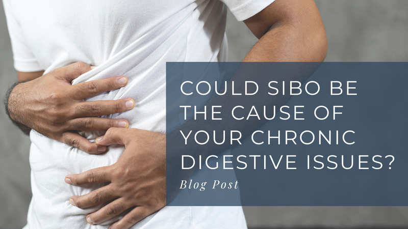 Photo of a man wearing a white t-shirt with his hands clenched over his stomach. Caption reads Could SIBO be the cause of your chronic digestive issues? Blog post 